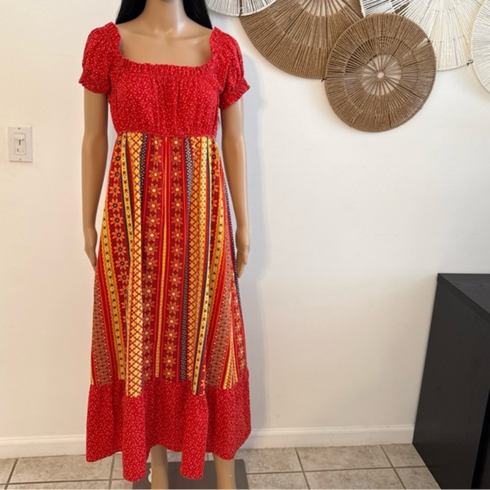 Elegant Red and Yellow Patterned Maxi Dress